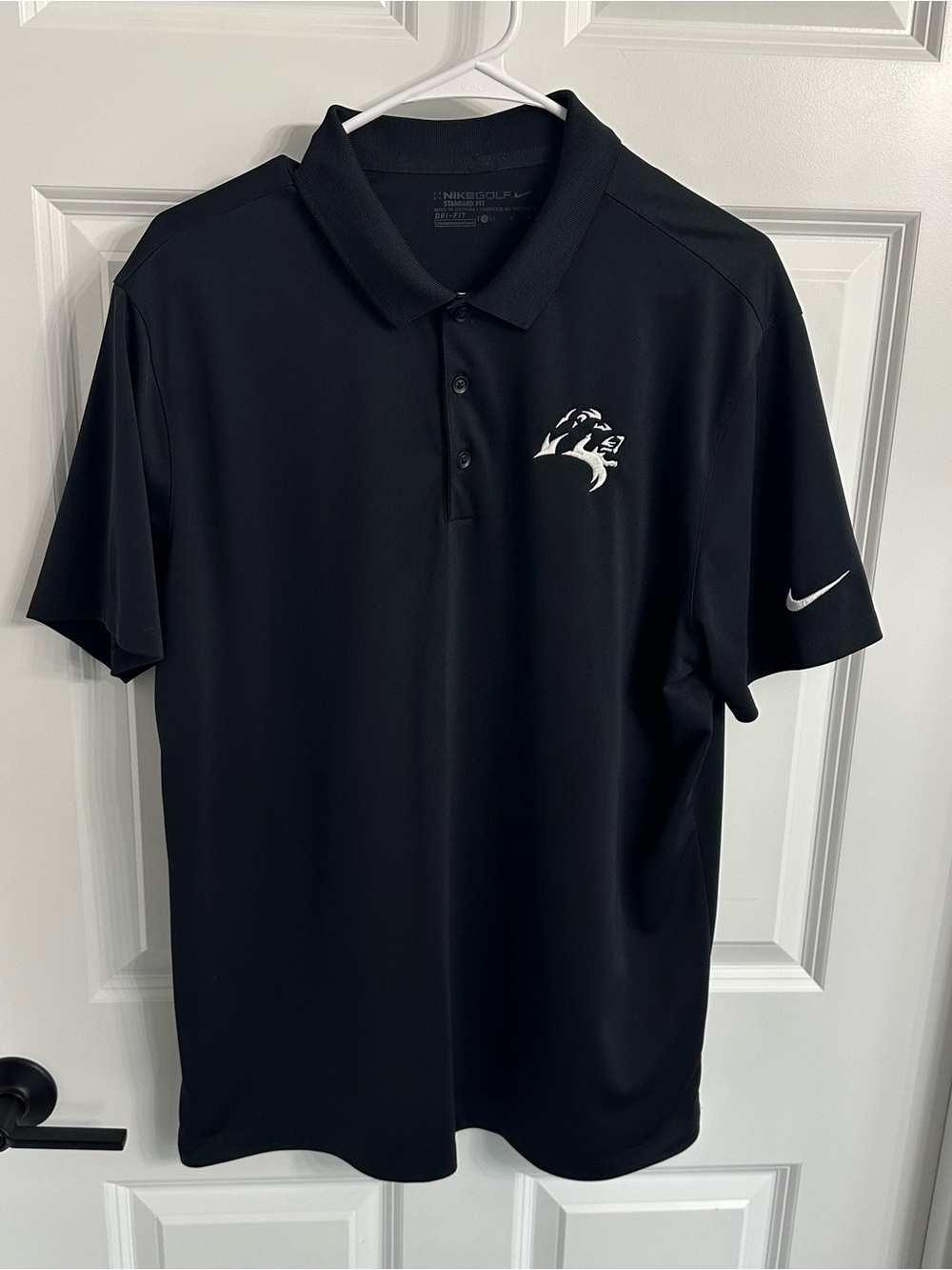 Nike Golf Dri-Fit Black Polo Shirt Size L Lion Logo Embroidered